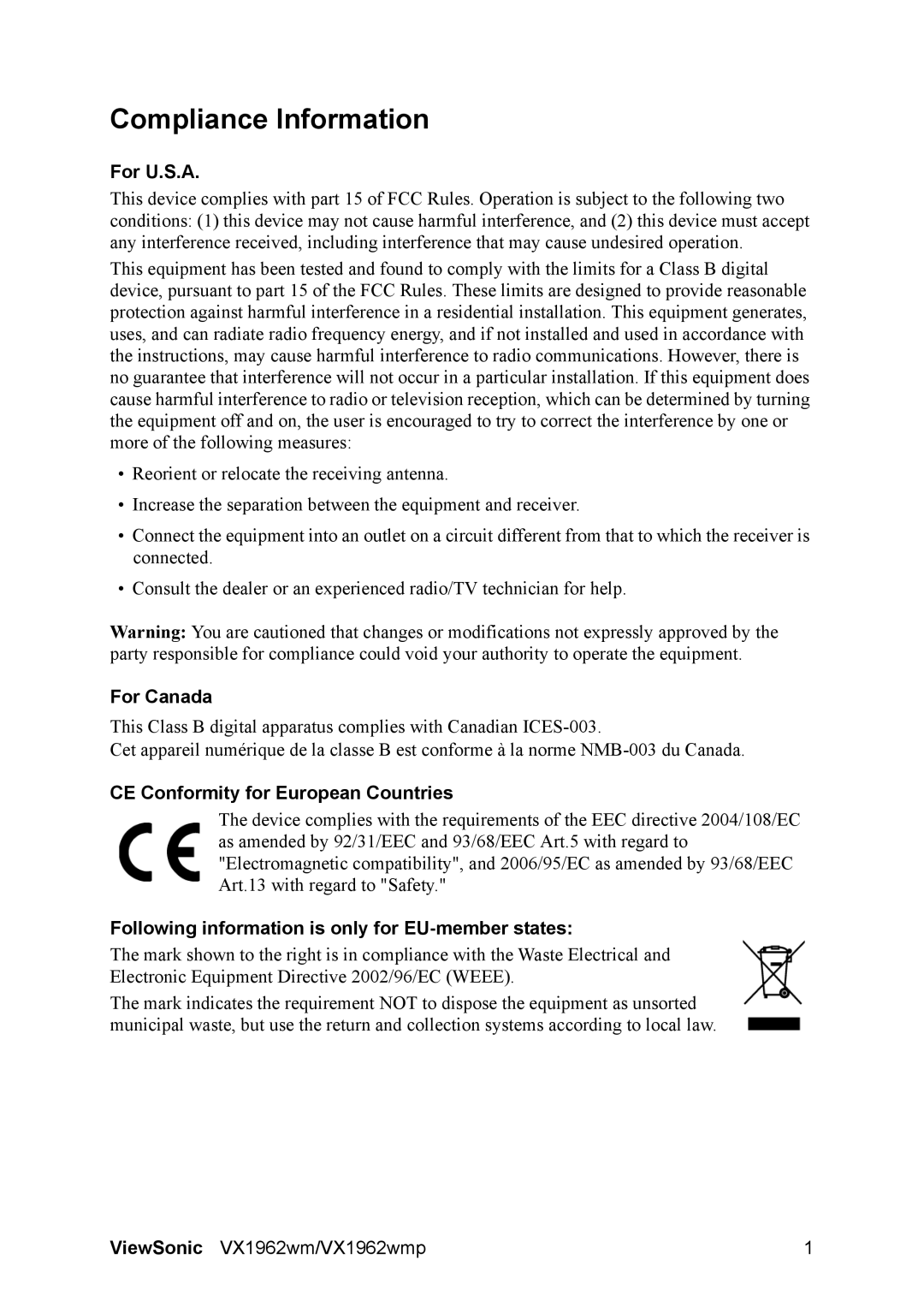 ViewSonic VS11979 warranty Compliance Information, For U.S.A, For Canada, CE Conformity for European Countries 