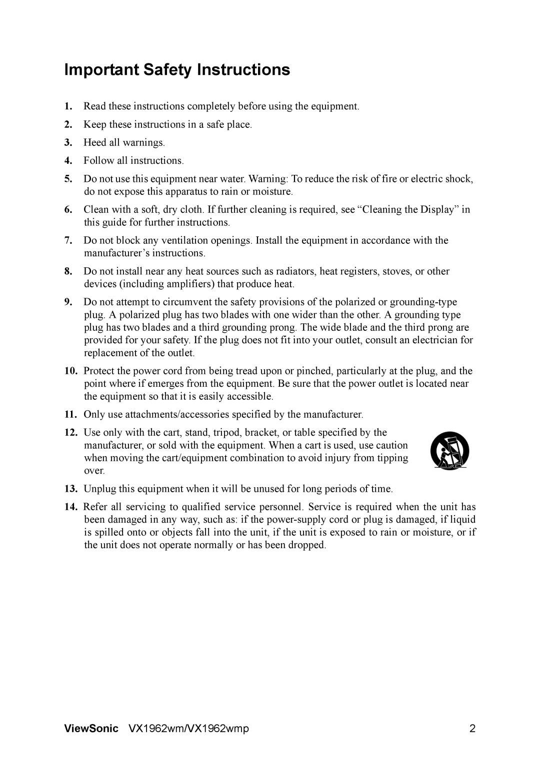 ViewSonic VS11979 warranty Important Safety Instructions 