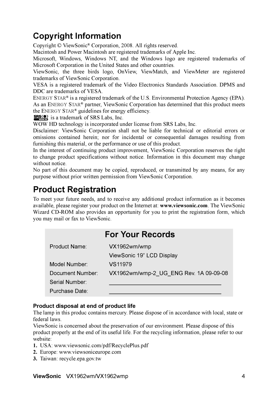 ViewSonic VS11979 Copyright Information, Product Registration For Your Records, Product disposal at end of product life 