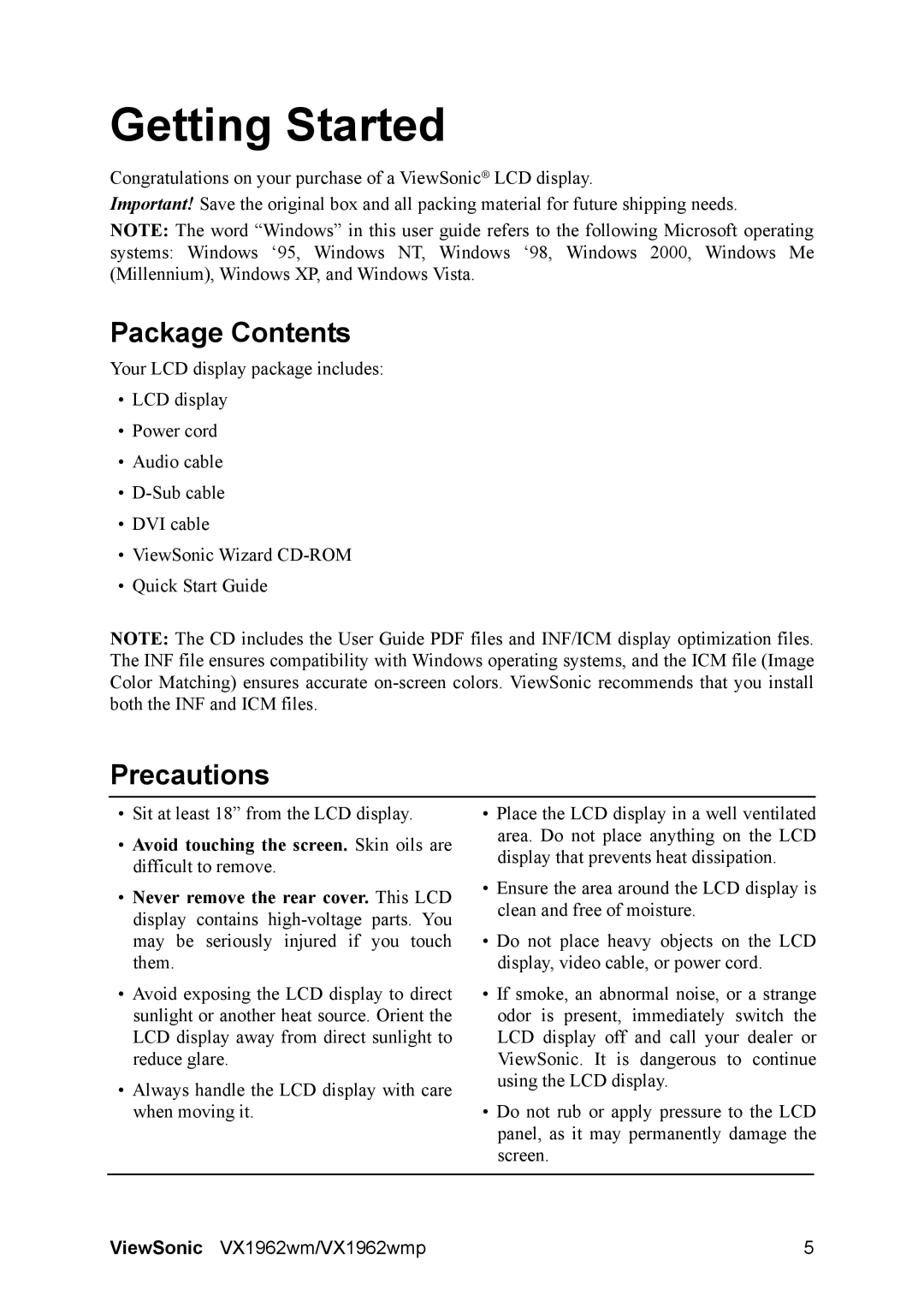 ViewSonic VS11979 warranty Package Contents, Precautions 