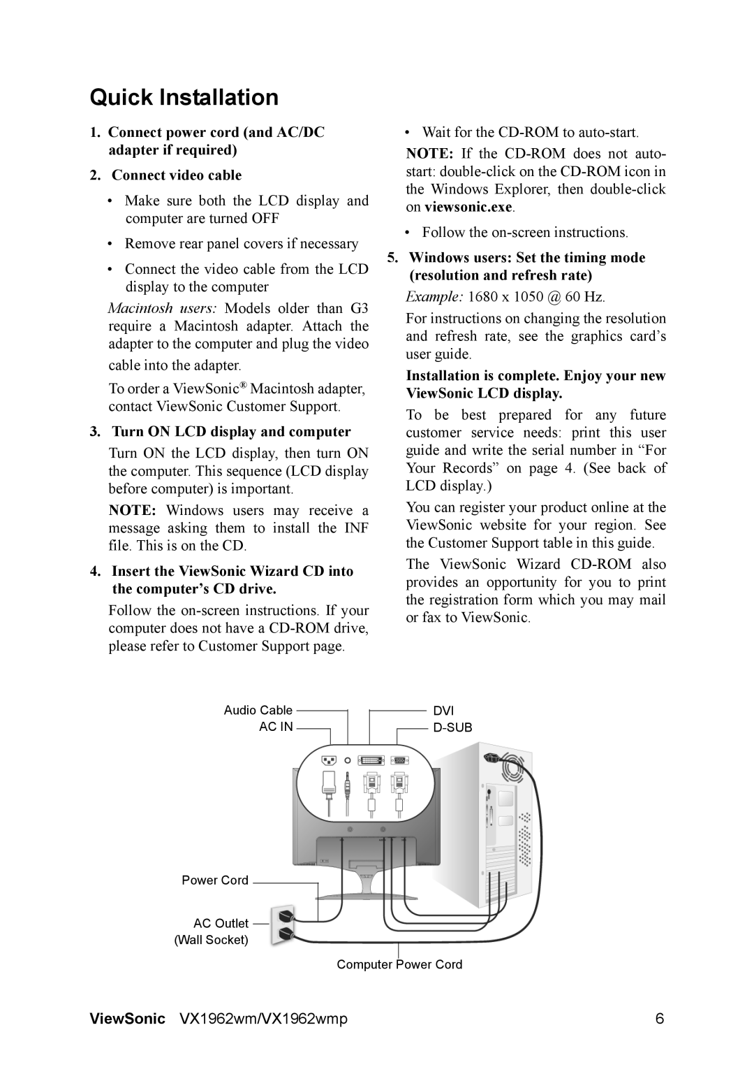 ViewSonic VS11979 warranty Quick Installation, Turn on LCD display and computer 