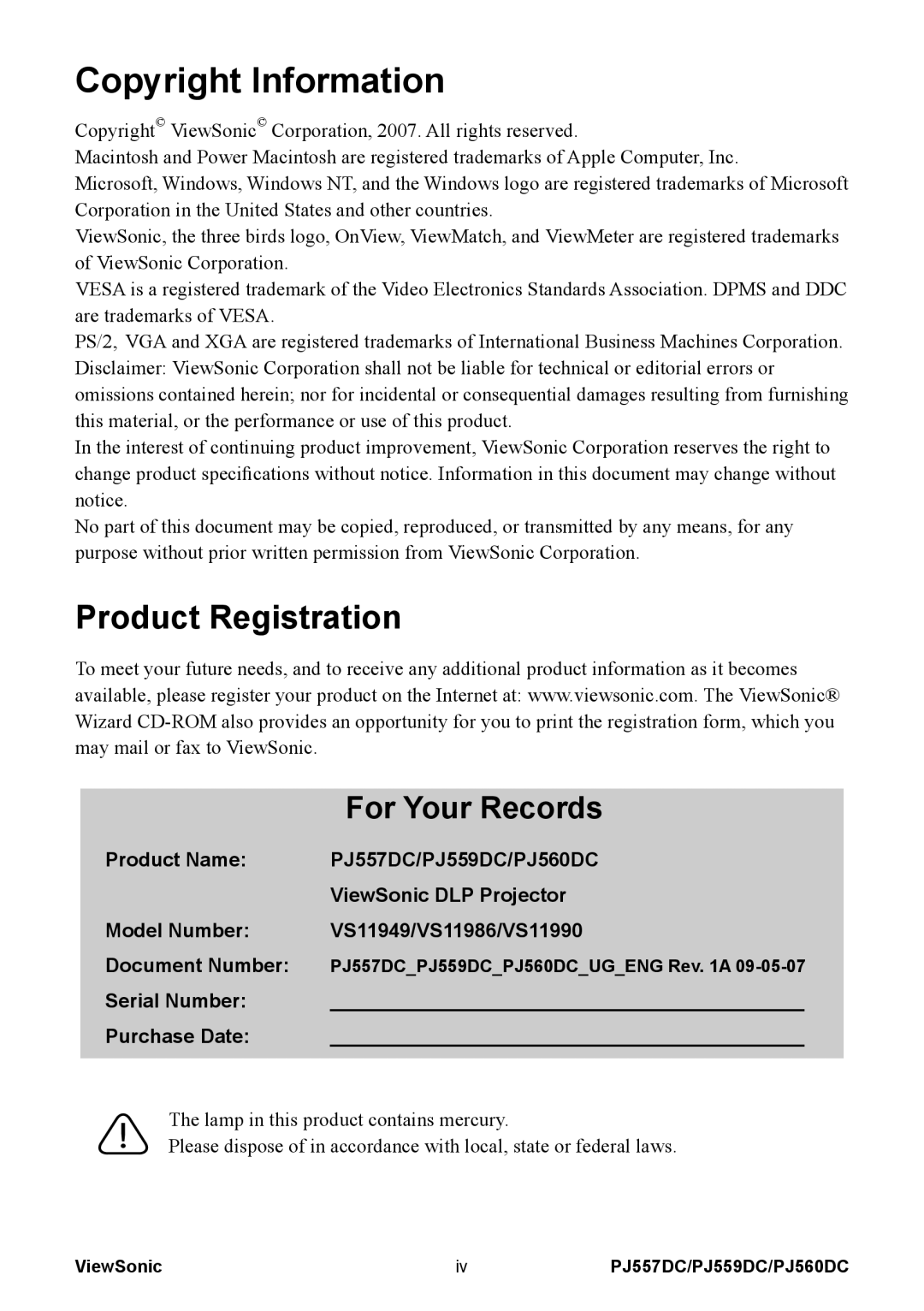 ViewSonic VS11949 Product Registration, Copyright Information, For Your Records, Product Name, PJ557DC/PJ559DC/PJ560DC 