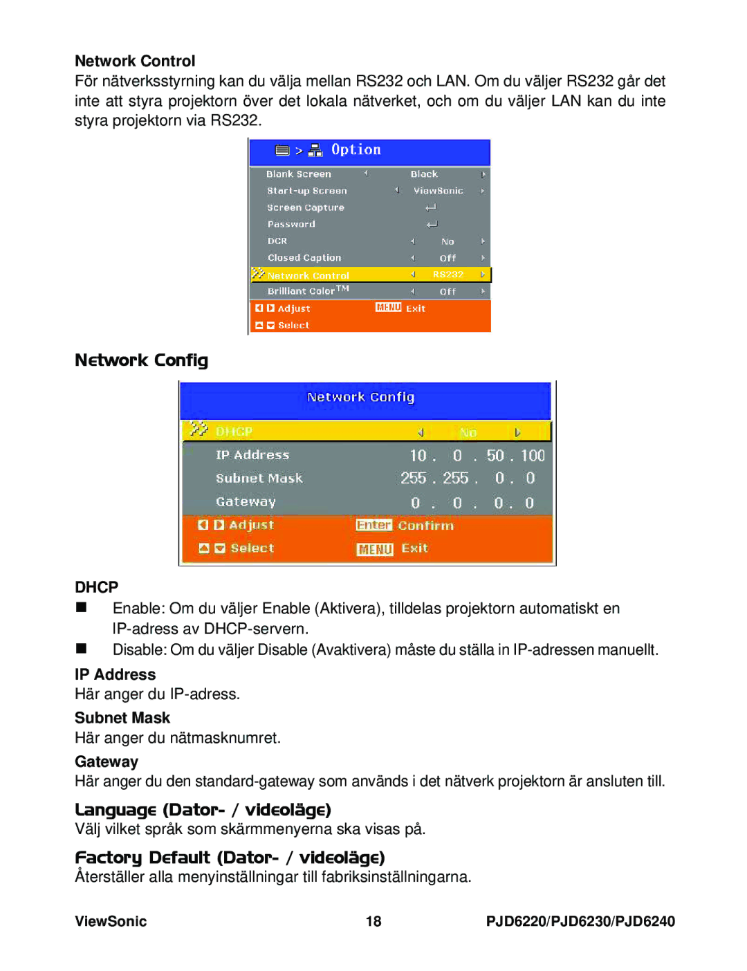 ViewSonic VS11986, VS11990, VS11949 manual Network Config, Language Dator- / videoläge, Factory Default Dator- / videoläge 