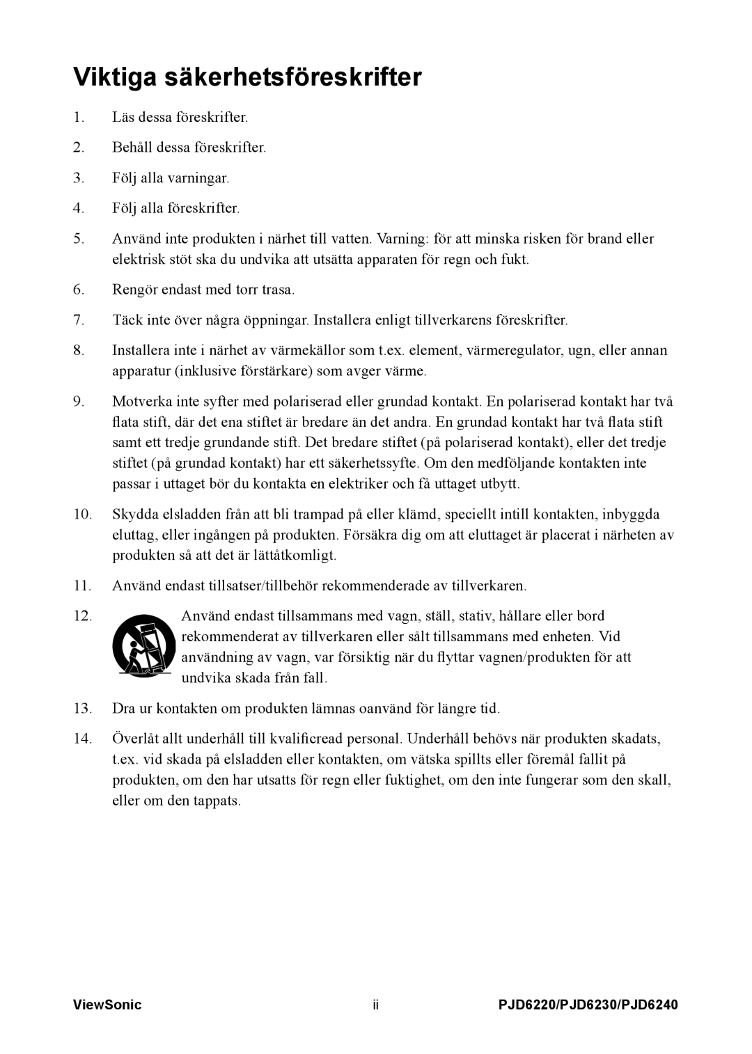 ViewSonic VS11990, VS11986, VS11949 manual Viktiga säkerhetsföreskrifter 