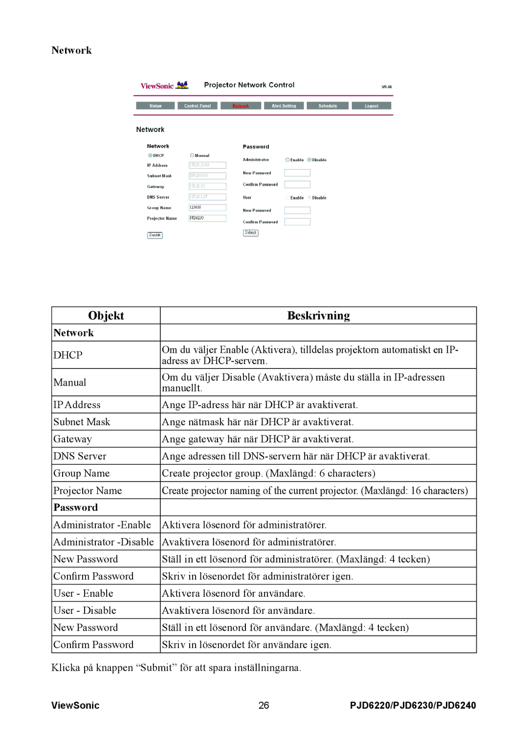 ViewSonic VS11990, VS11986, VS11949 manual Network, Password 