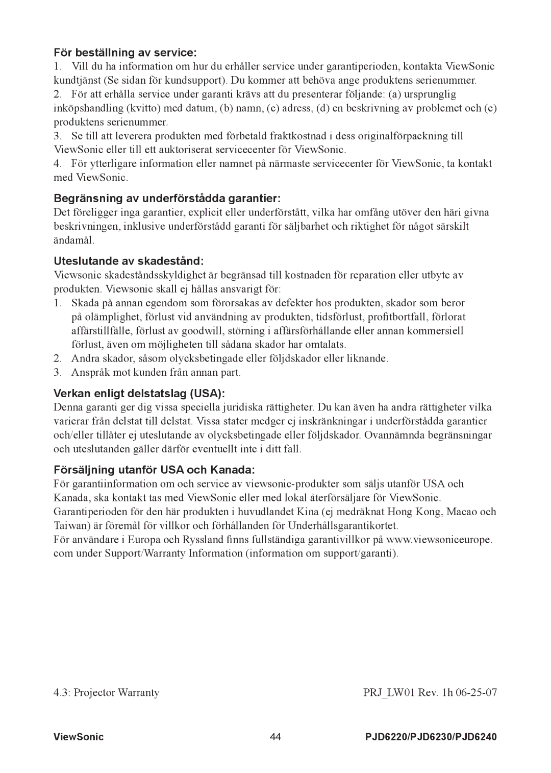 ViewSonic VS11990, VS11986, VS11949 manual För beställning av service 