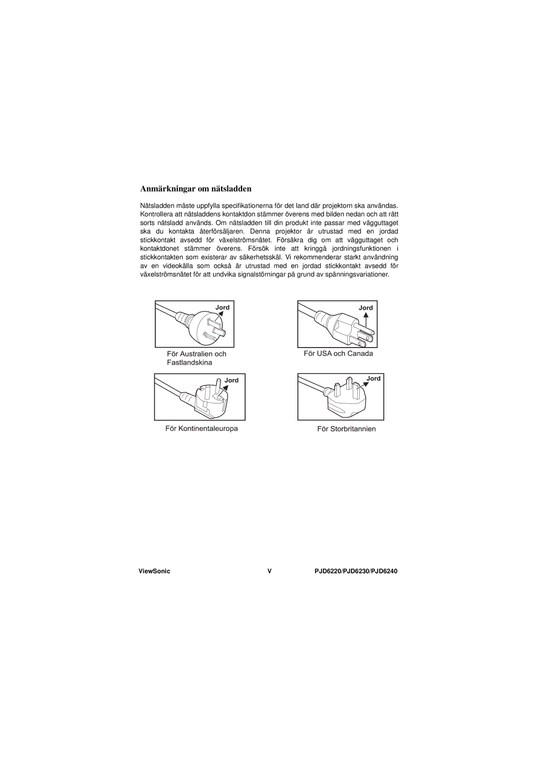 ViewSonic VS11990, VS11986, VS11949 manual Anmärkningar om nätsladden 