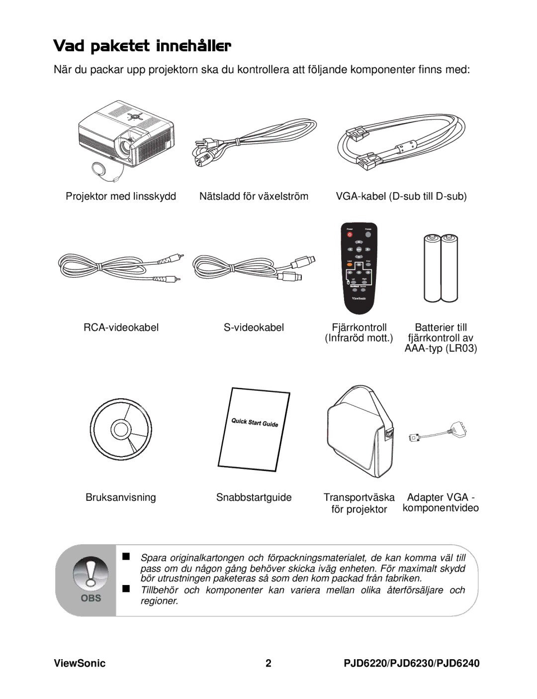 ViewSonic VS11990, VS11986, VS11949 manual Vad paketet innehåller 