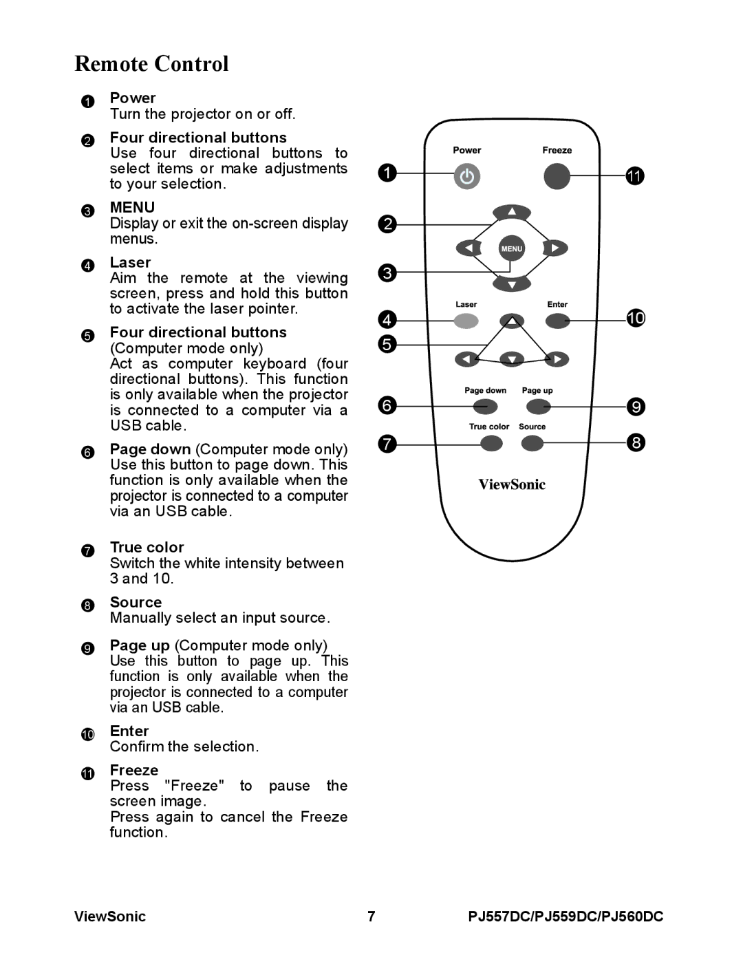 ViewSonic VS11986, VS11990, VS11949 Remote Control, Laser, Four directional buttons Computer mode only, True color, Freeze 