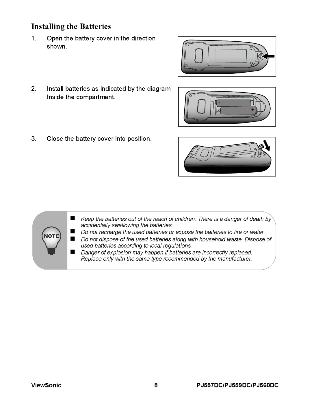 ViewSonic VS11949, VS11990, VS11986 warranty Installing the Batteries 