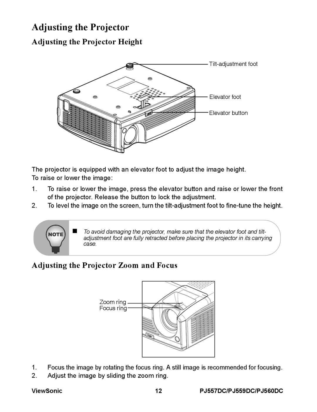 ViewSonic VS11990, VS11986, VS11949 warranty Adjusting the Projector Height, Adjusting the Projector Zoom and Focus 