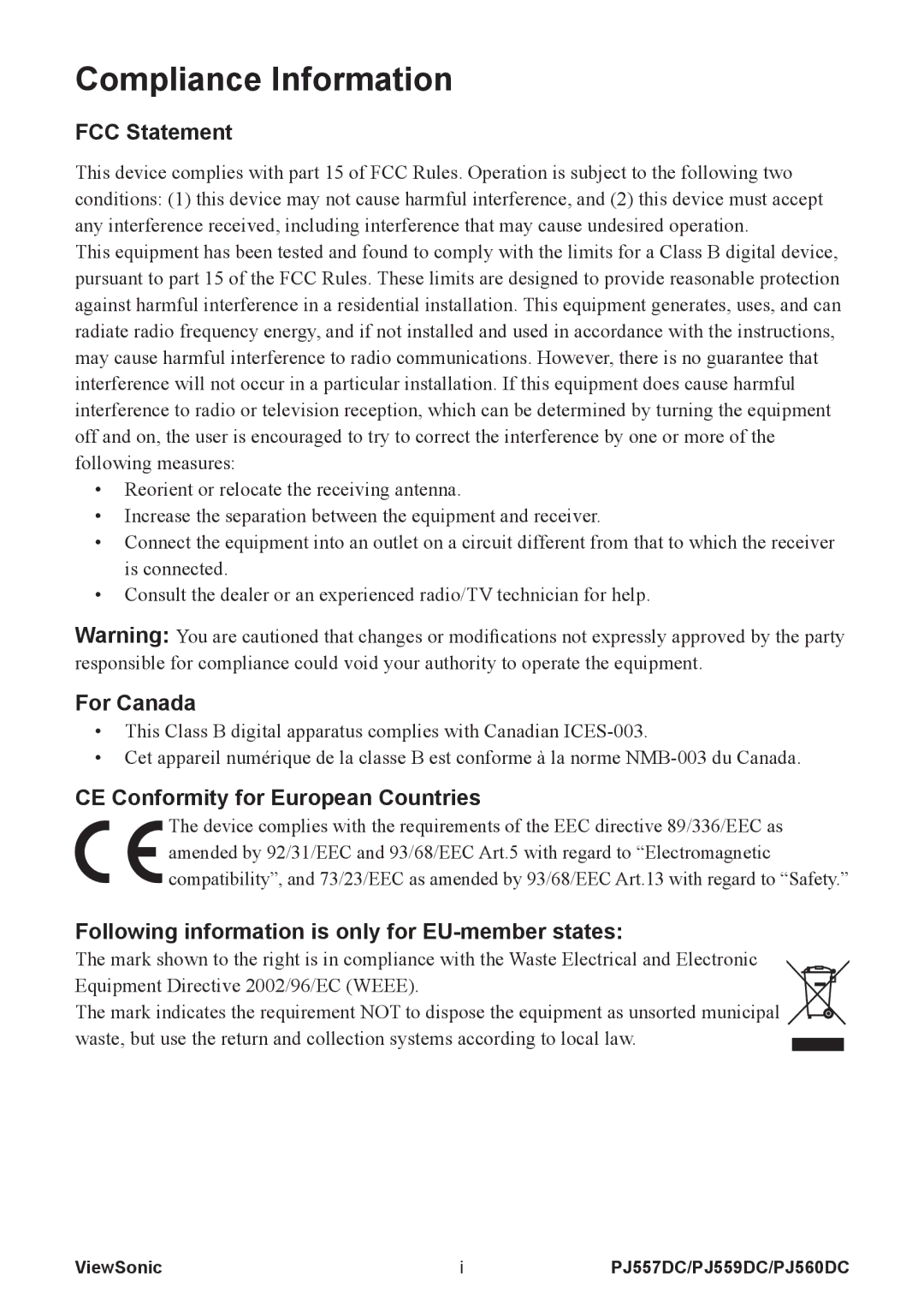 ViewSonic VS11949, VS11990, VS11986 warranty Compliance Information, FCC Statement 