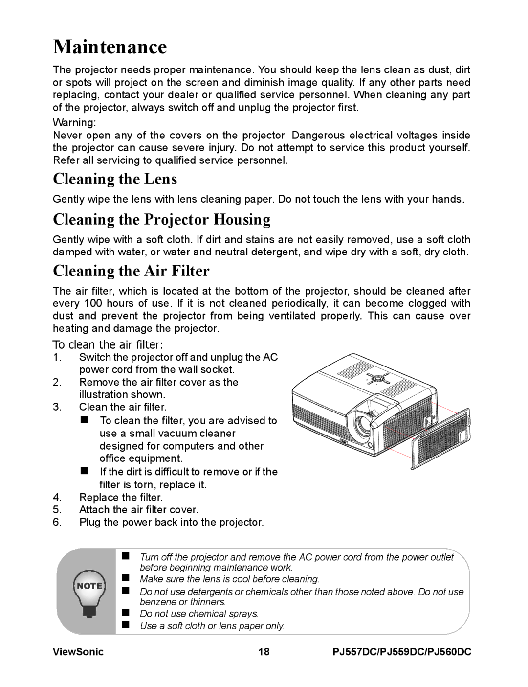 ViewSonic VS11990, VS11986, VS11949 Maintenance, Cleaning the Lens, Cleaning the Projector Housing, Cleaning the Air Filter 