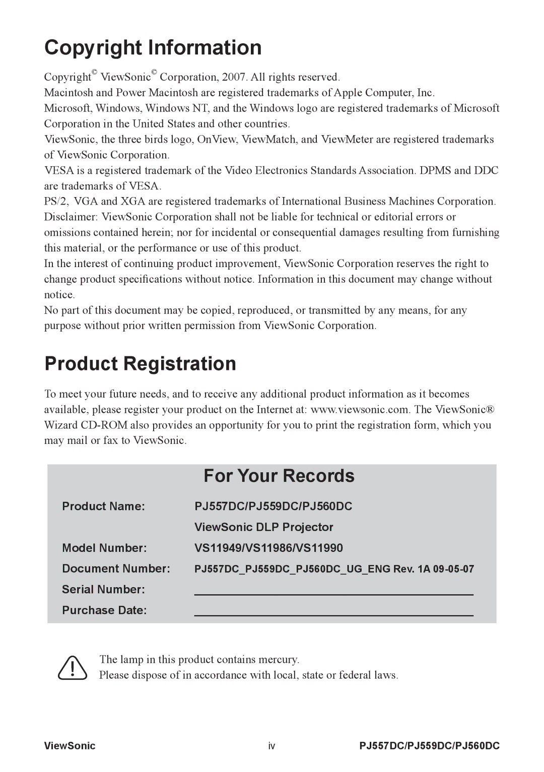 ViewSonic VS11949, VS11990, VS11986 warranty Copyright Information, Product Registration 