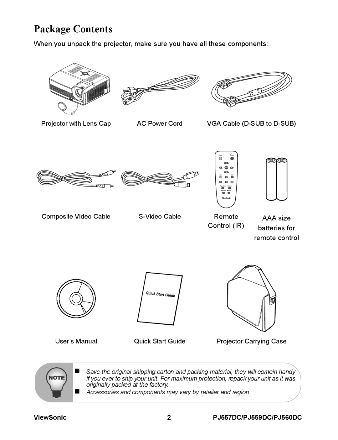 ViewSonic VS11949, VS11990, VS11986 warranty Package Contents 