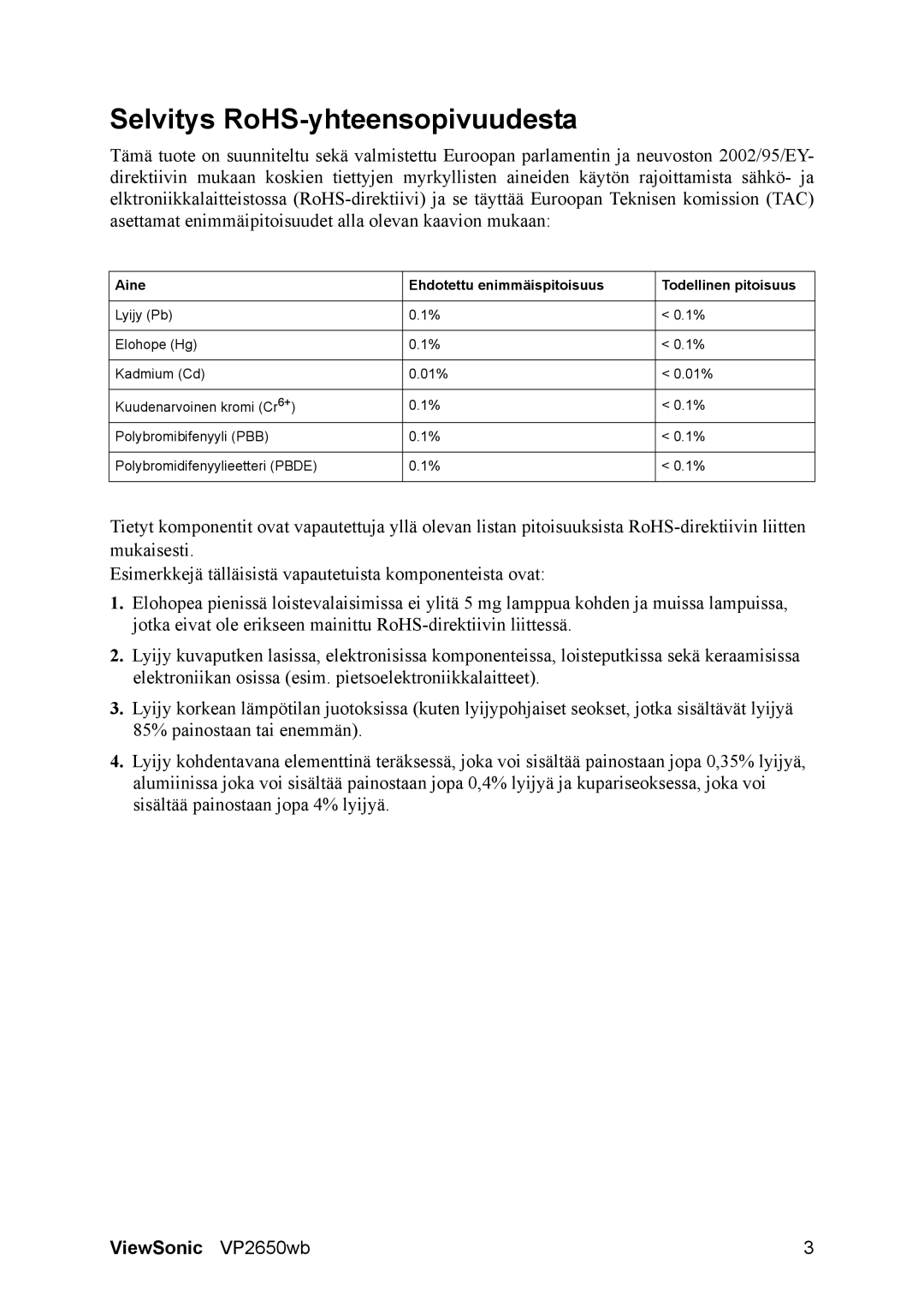 ViewSonic VS11997 manual Selvitys RoHS-yhteensopivuudesta, Aine Ehdotettu enimmäispitoisuus Todellinen pitoisuus 