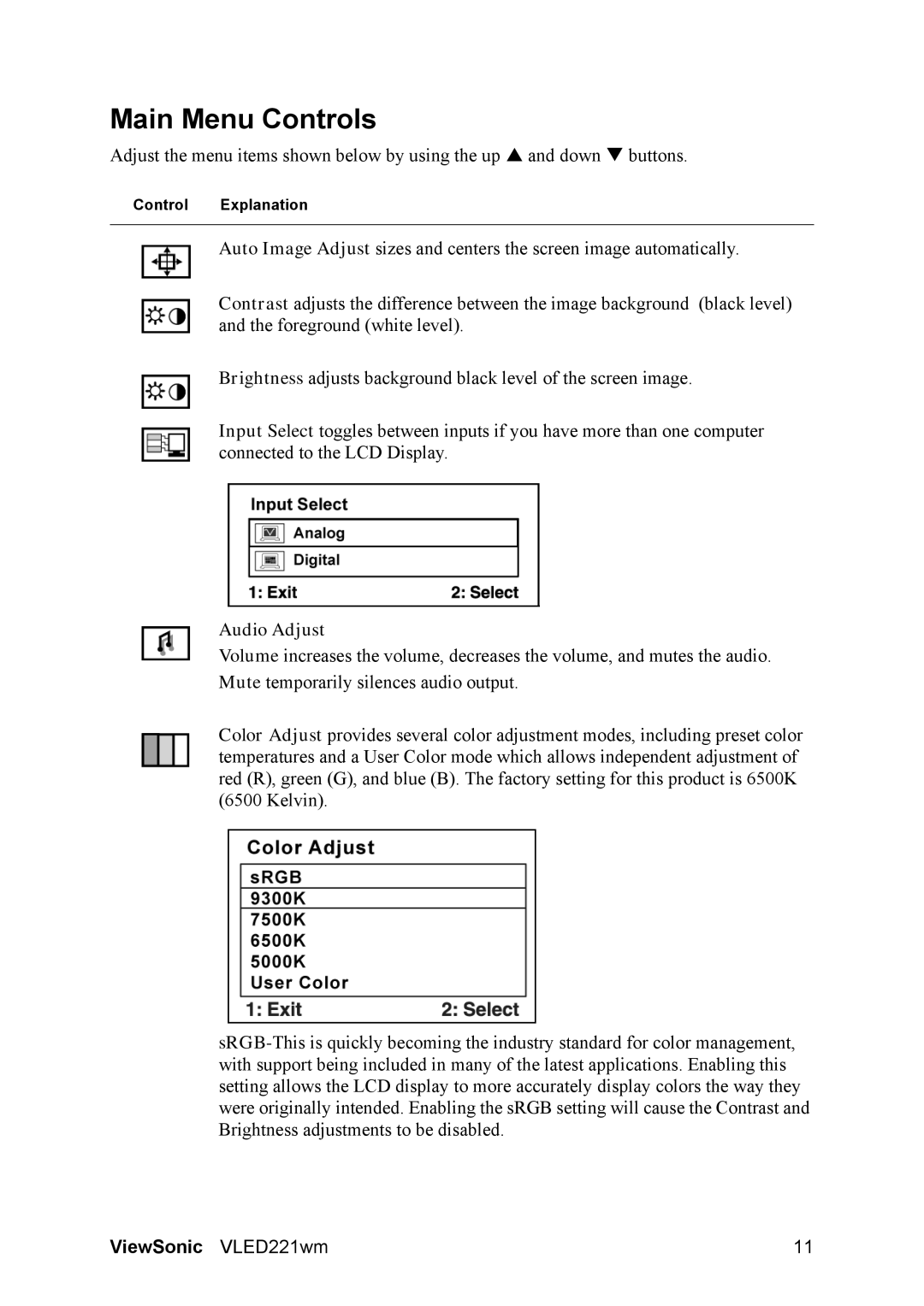 ViewSonic VS12053 warranty Main Menu Controls, Audio Adjust 