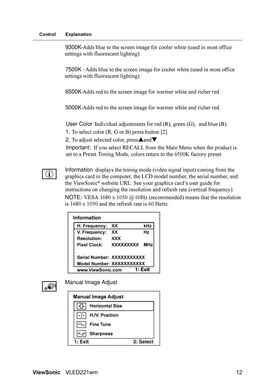 ViewSonic VS12053 warranty Manual Image Adjust 