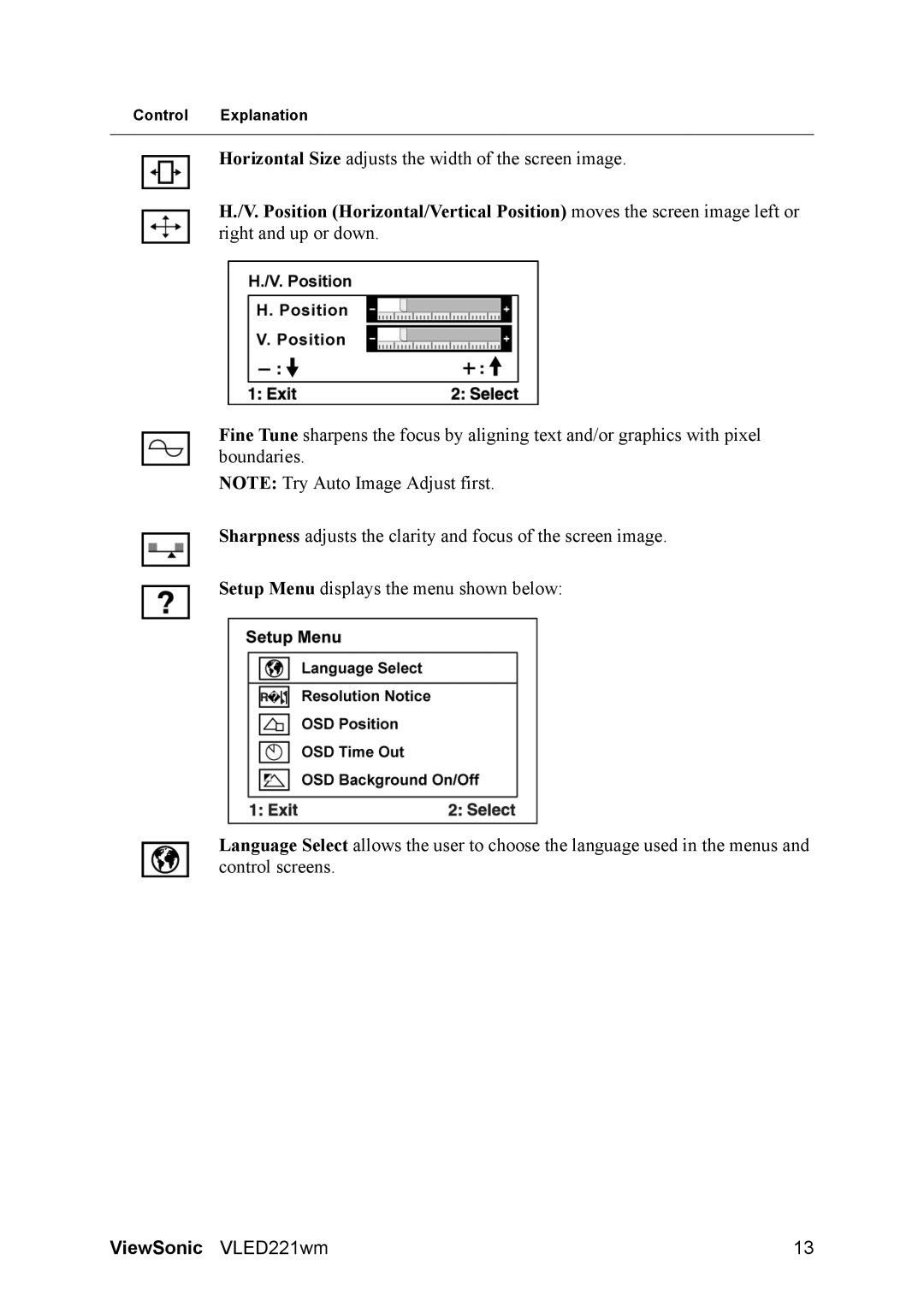 ViewSonic VS12053 warranty Horizontal Size adjusts the width of the screen image 