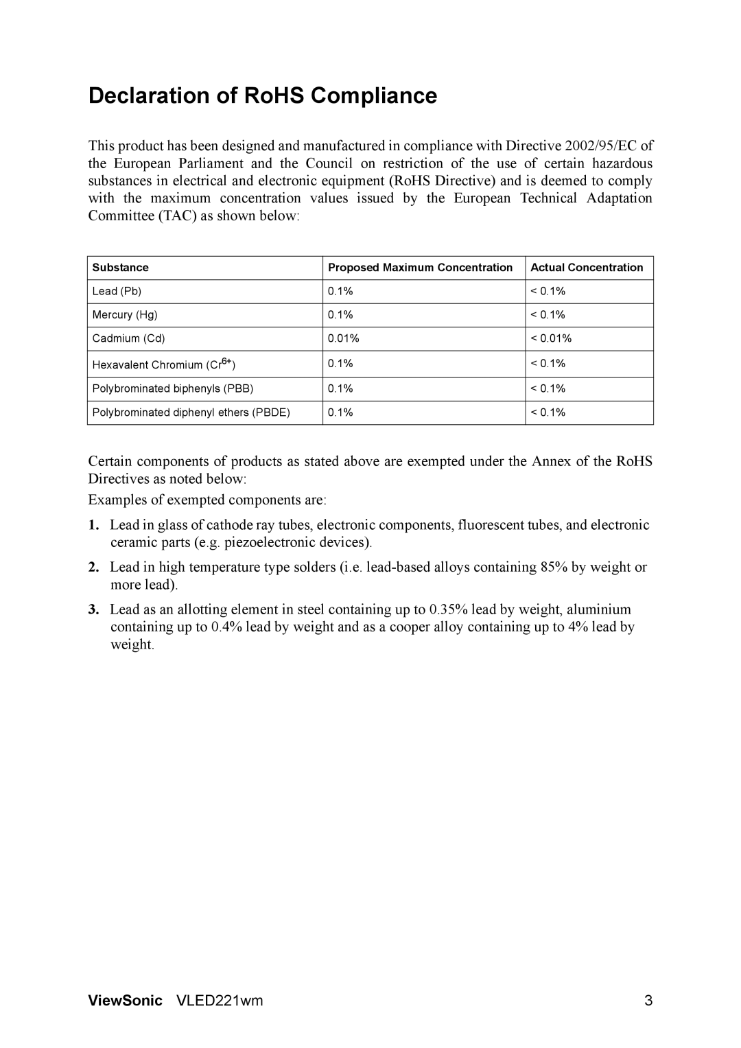 ViewSonic VS12053 warranty Declaration of RoHS Compliance 