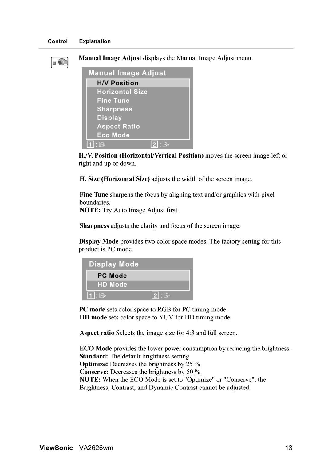 ViewSonic VS12068 warranty Manual Image Adjust displays the Manual Image Adjust menu 