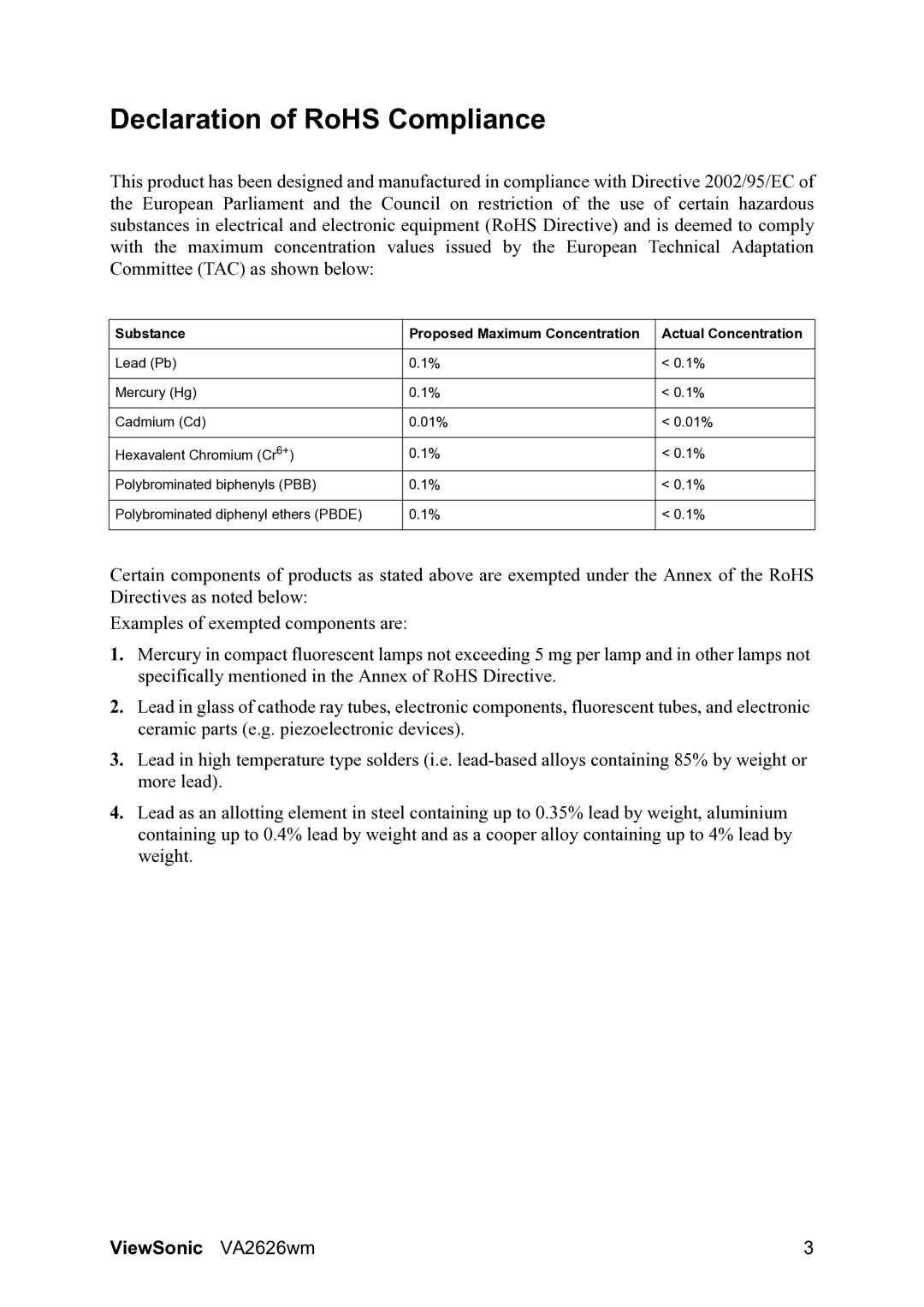 ViewSonic VS12068 warranty Declaration of RoHS Compliance 