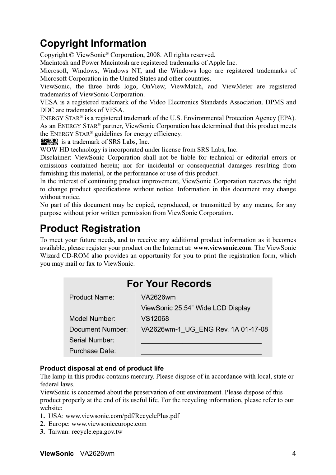 ViewSonic VS12068 Copyright Information, Product Registration For Your Records, Product disposal at end of product life 