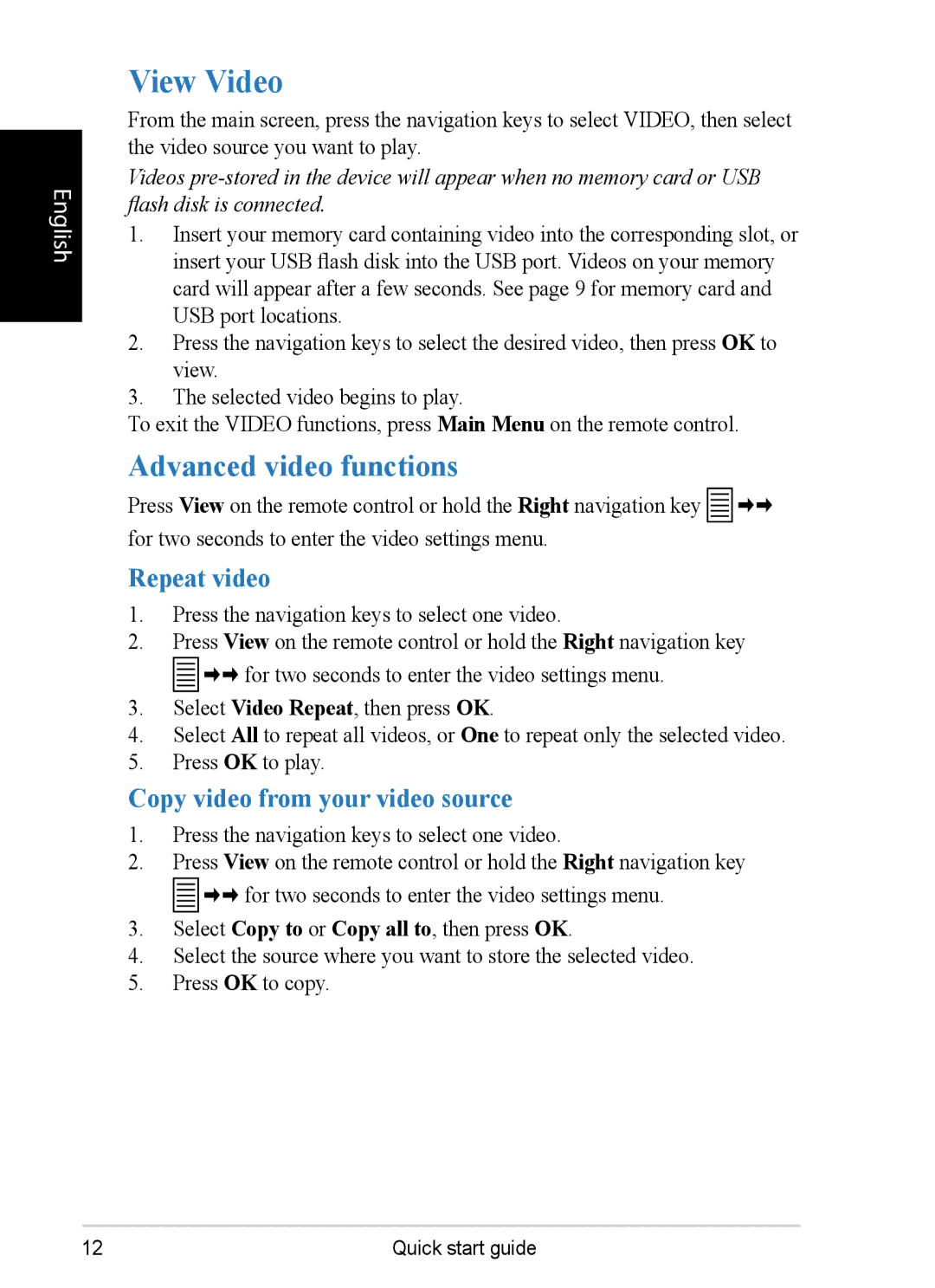 ViewSonic VS12075 quick start View Video, Advanced video functions, Repeat video, Copy video from your video source 