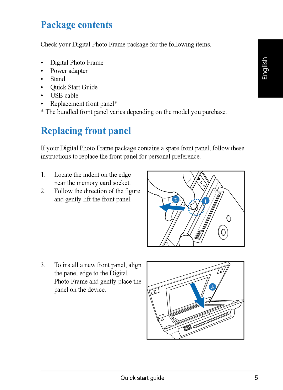 ViewSonic VS12075 quick start Package contents, Replacing front panel 