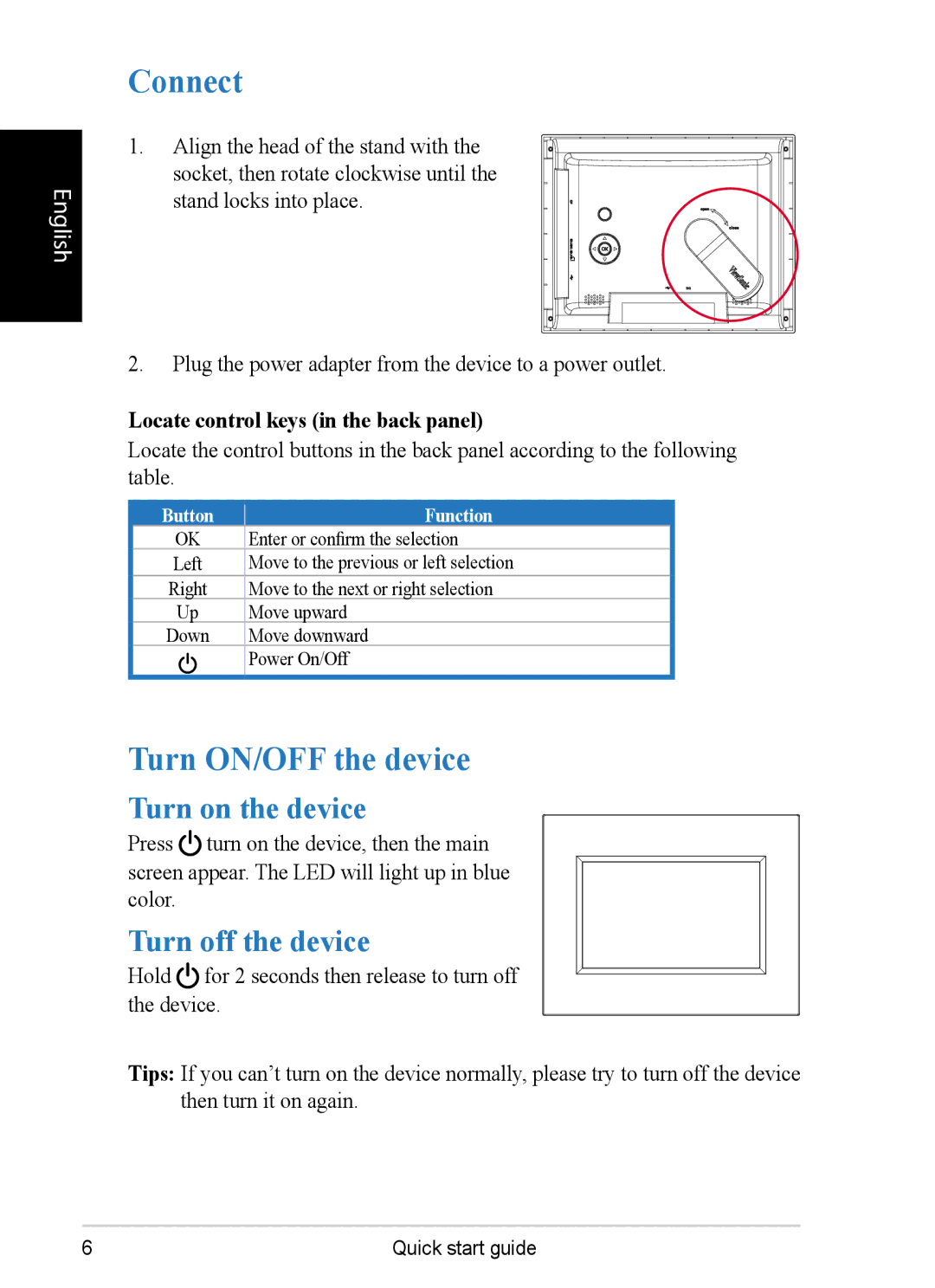 ViewSonic VS12075 quick start Connect, Turn ON/OFF the device, Turn on the device, Turn off the device 