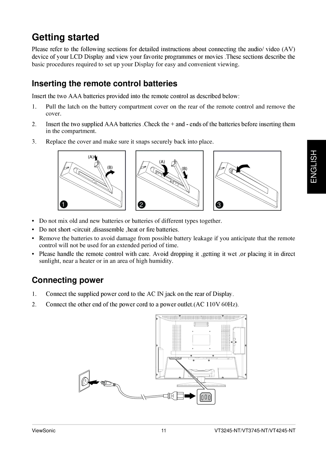 ViewSonic VT4245-NT, VS12078, VT3245-NT, VT3745-NT Getting started, Inserting the remote control batteries, Connecting power 