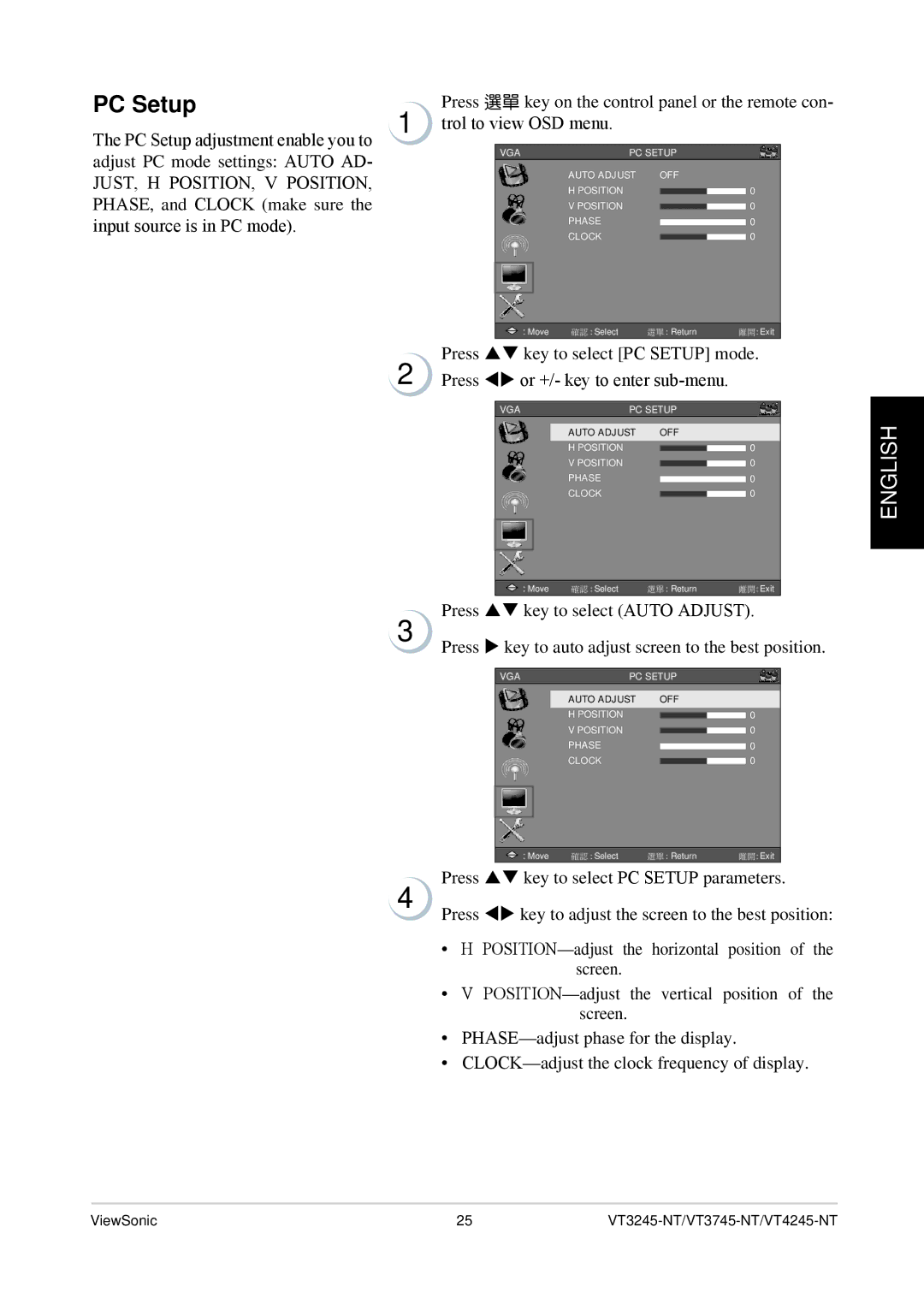 ViewSonic VT3745-NT, VS12078, VT4245-NT, VT3245-NT quick start PC Setup, Press pq key to select Auto Adjust 