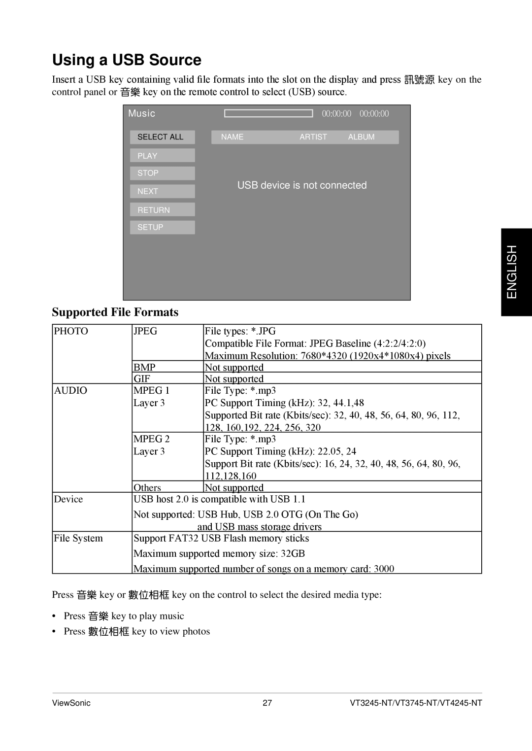 ViewSonic VT4245-NT, VS12078, VT3245-NT, VT3745-NT quick start Using a USB Source, Supported File Formats 