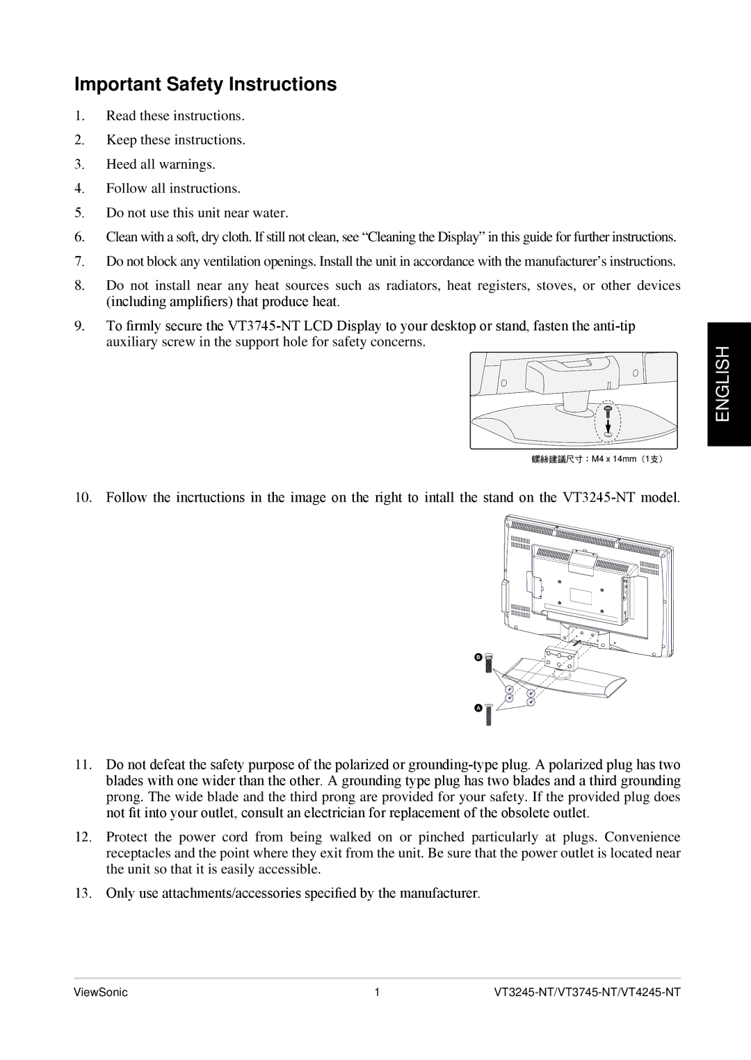 ViewSonic VT3745-NT, VS12078, VT4245-NT, VT3245-NT quick start Important Safety Instructions 