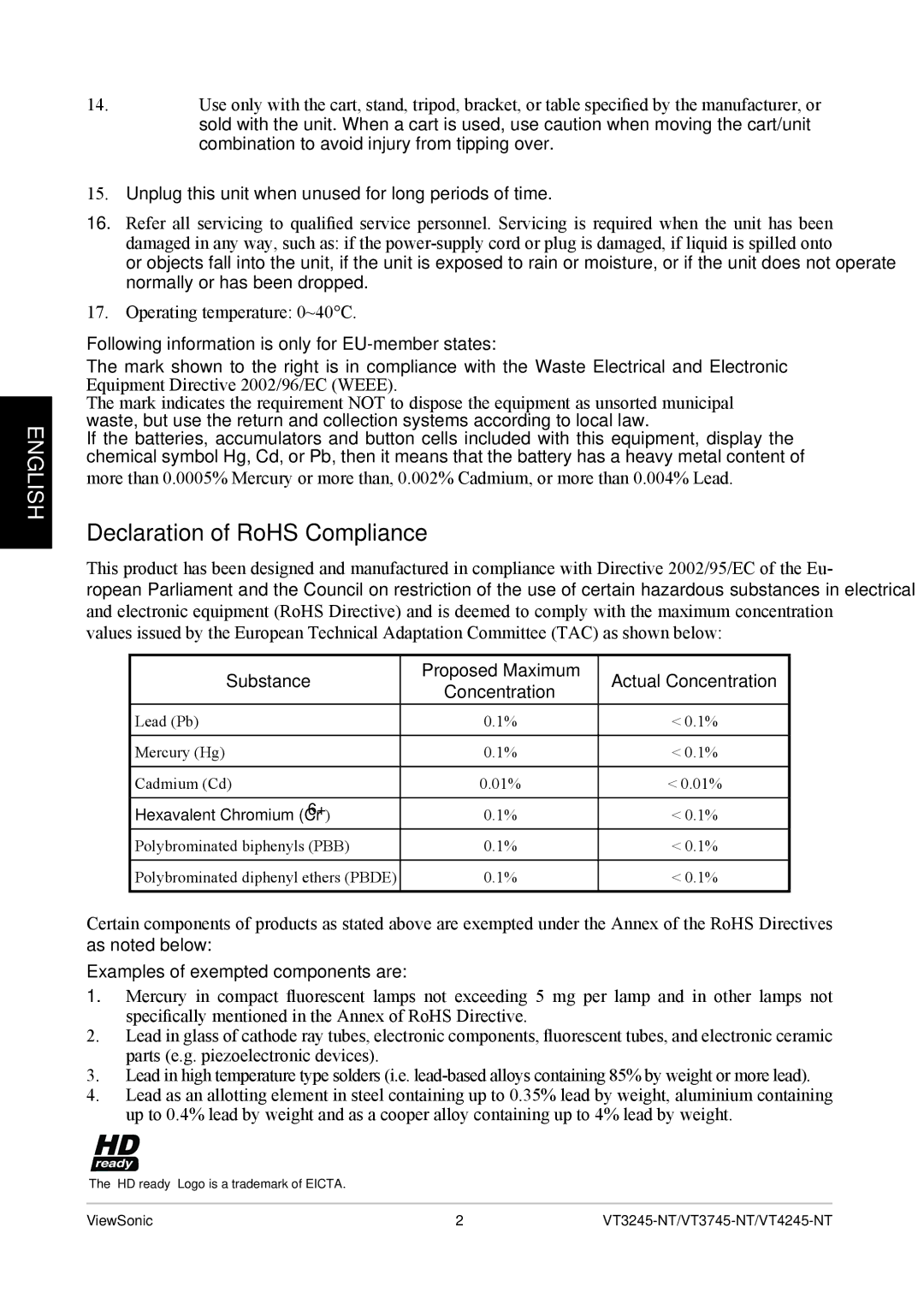 ViewSonic VS12078, VT4245-NT, VT3245-NT Declaration of RoHS Compliance, Following information is only for EU-member states 