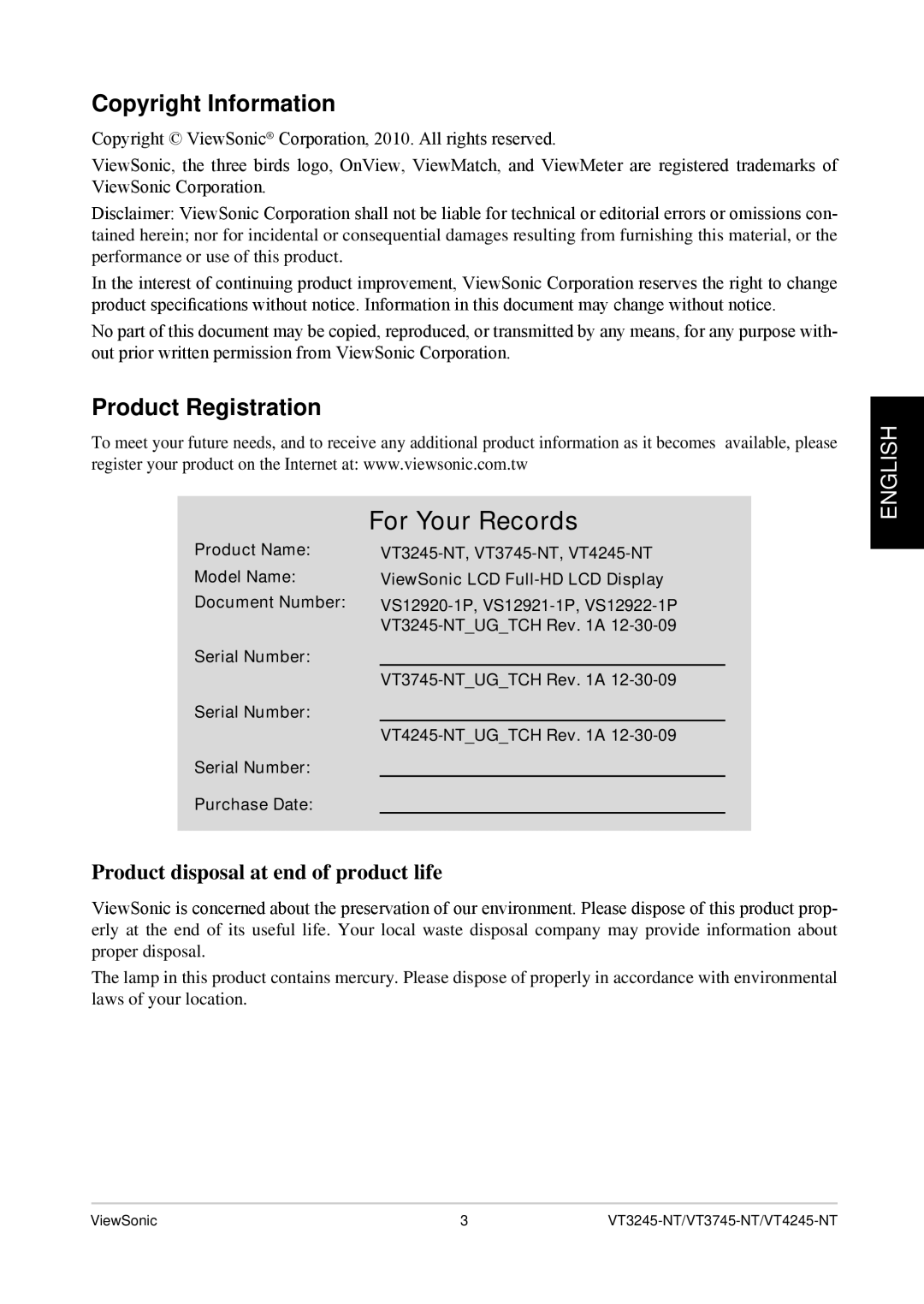 ViewSonic VT4245-NT, VS12078 Copyright Information, Product Registration, Product disposal at end of product life 