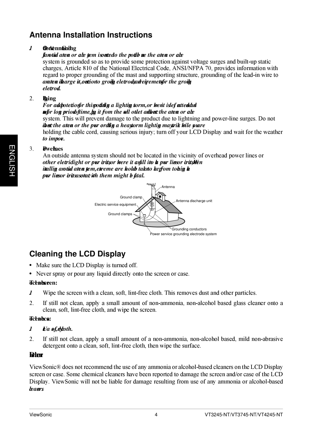 ViewSonic VT3245-NT, VS12078, VT4245-NT, VT3745-NT Antenna Installation Instructions, Cleaning the LCD Display, Disclaimer 