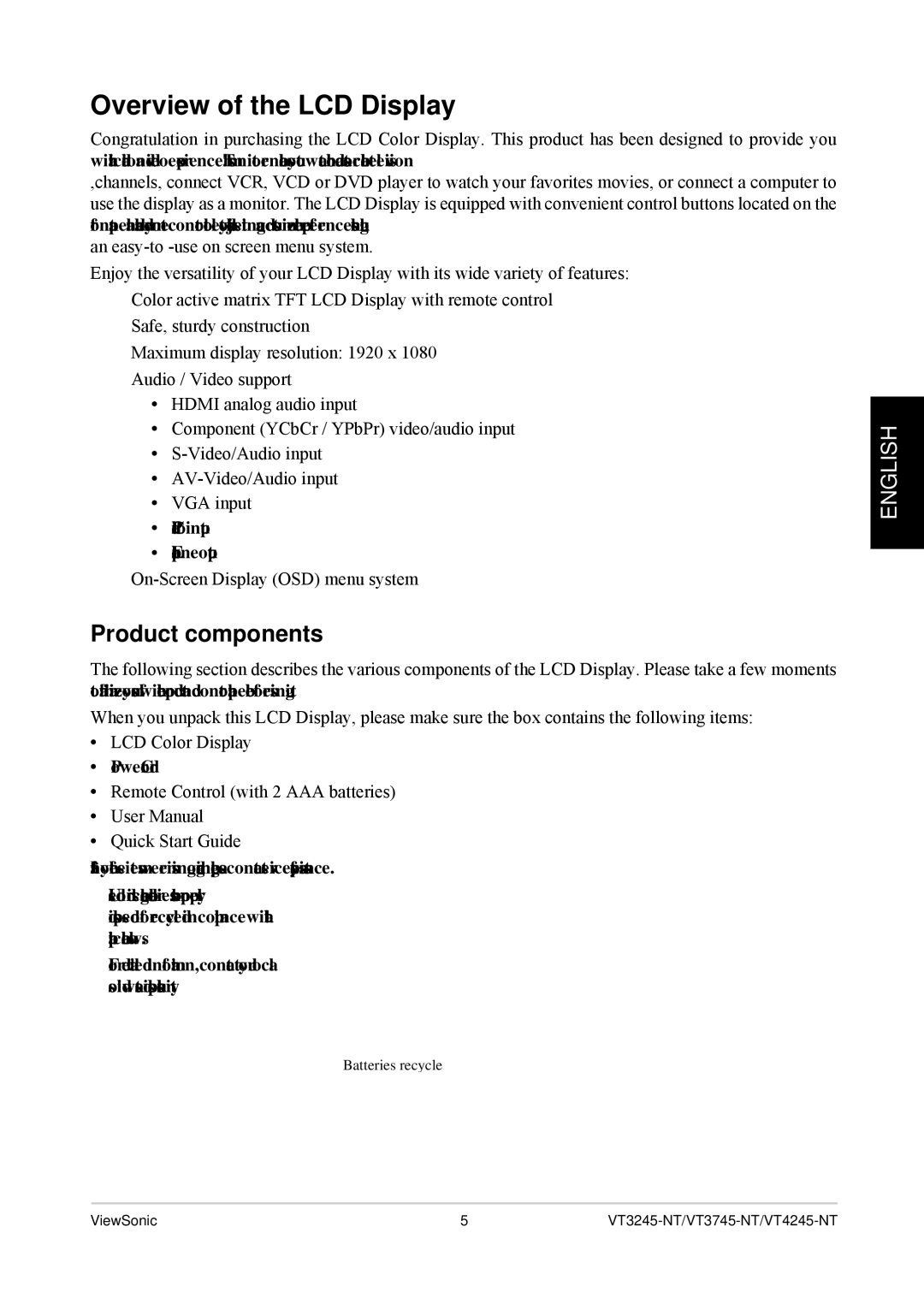 ViewSonic VT3745-NT, VS12078, VT4245-NT, VT3245-NT quick start Overview of the LCD Display, Product components 