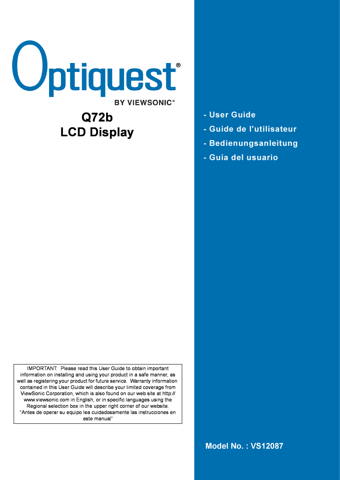 ViewSonic warranty Q72b LCD Display, Model No. : VS12087 