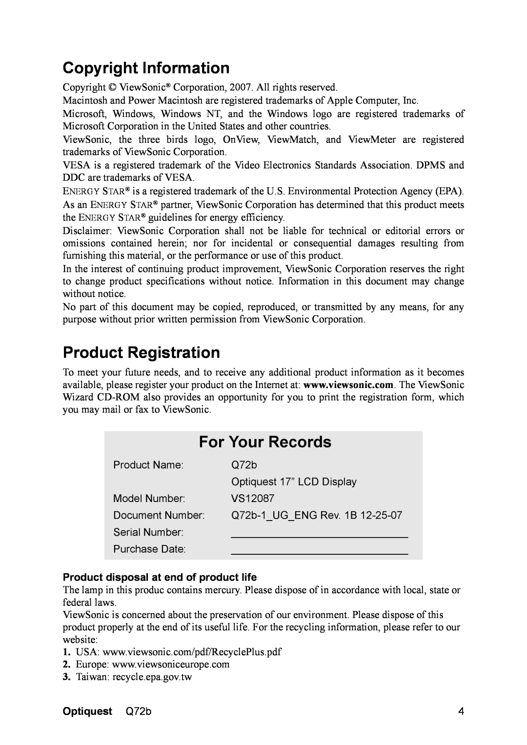 ViewSonic VS12087 Copyright Information, Product Registration, For Your Records, Product disposal at end of product life 