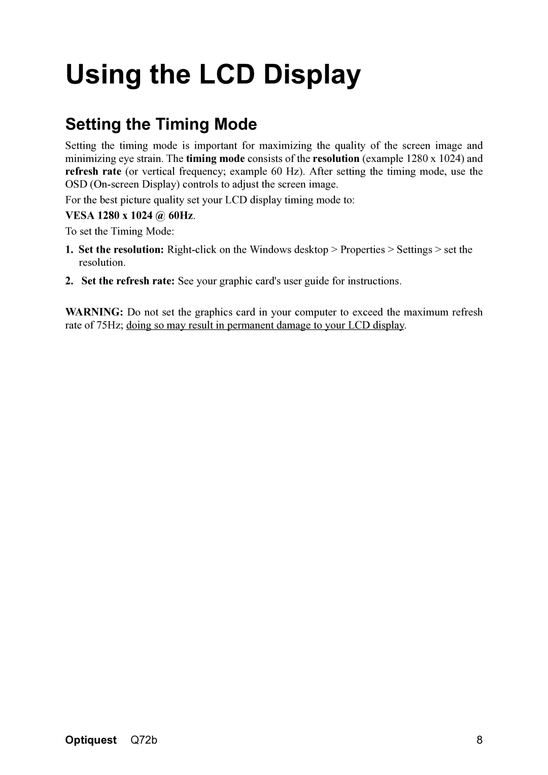 ViewSonic VS12087 warranty Using the LCD Display, Setting the Timing Mode 