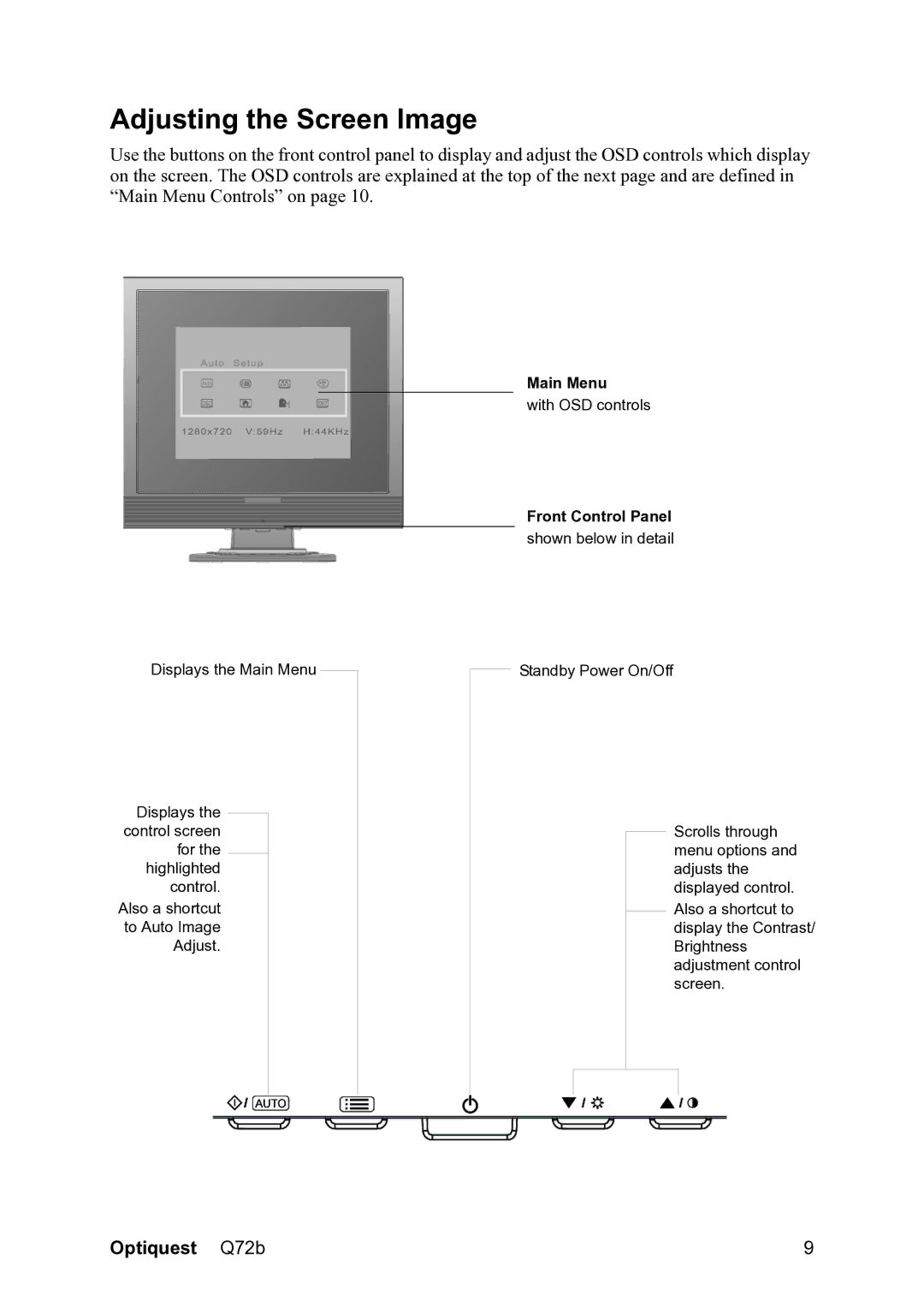 ViewSonic VS12087 warranty Adjusting the Screen Image, Front Control Panel shown below in detail 