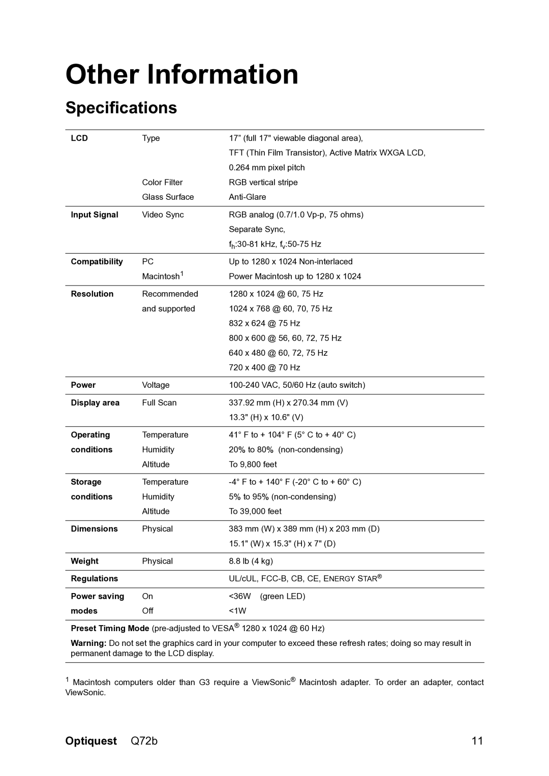 ViewSonic VS12087 warranty Other Information, Specifications 