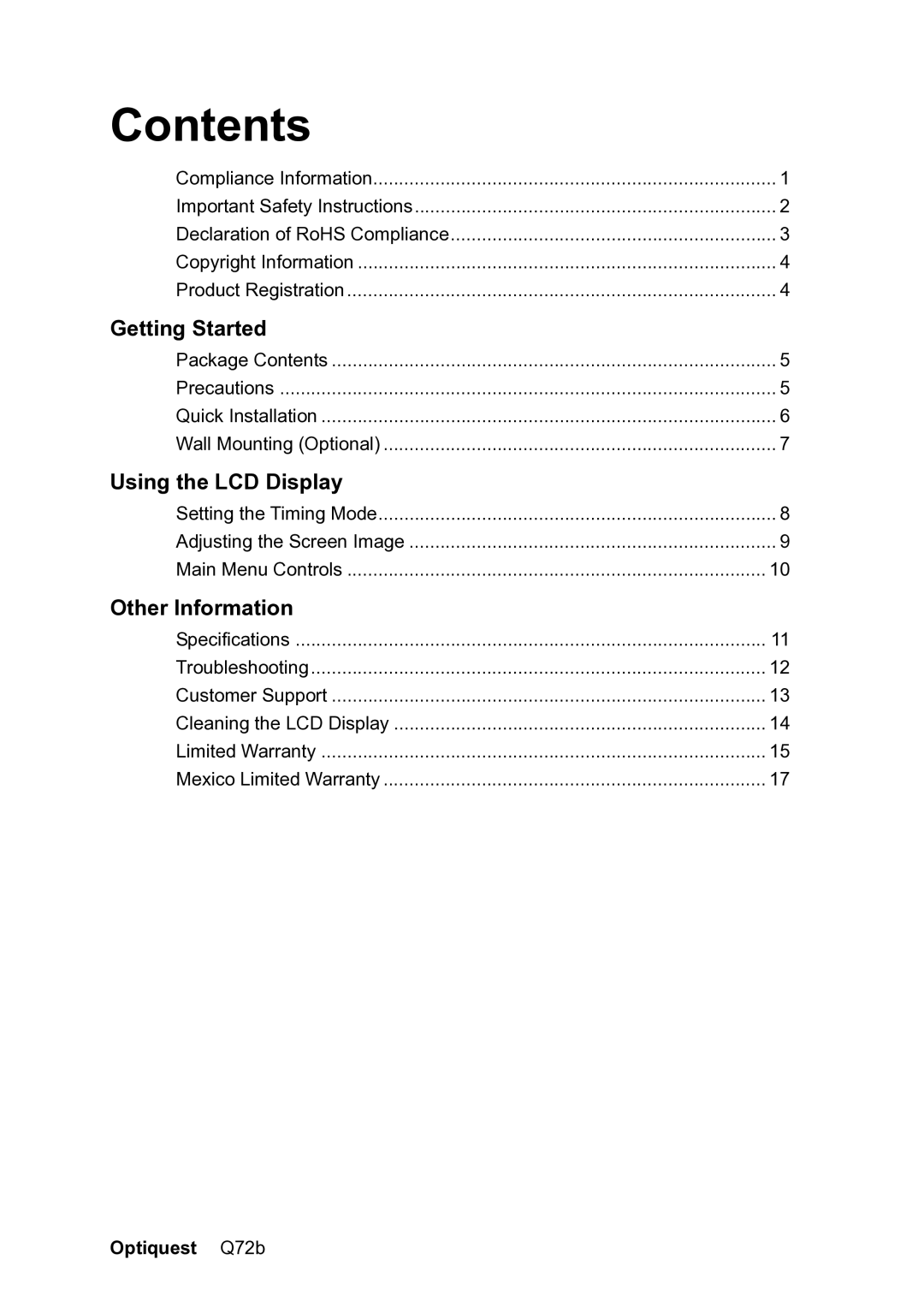 ViewSonic VS12087 warranty Contents 