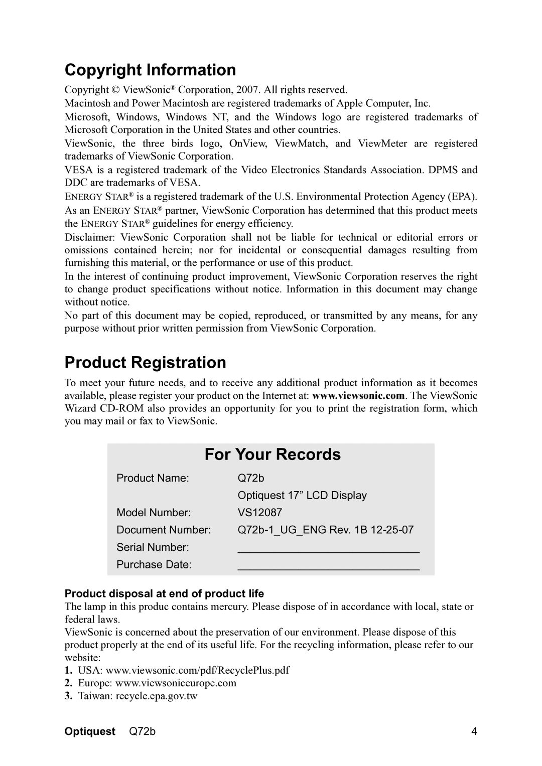 ViewSonic VS12087 Copyright Information, Product Registration For Your Records, Product disposal at end of product life 