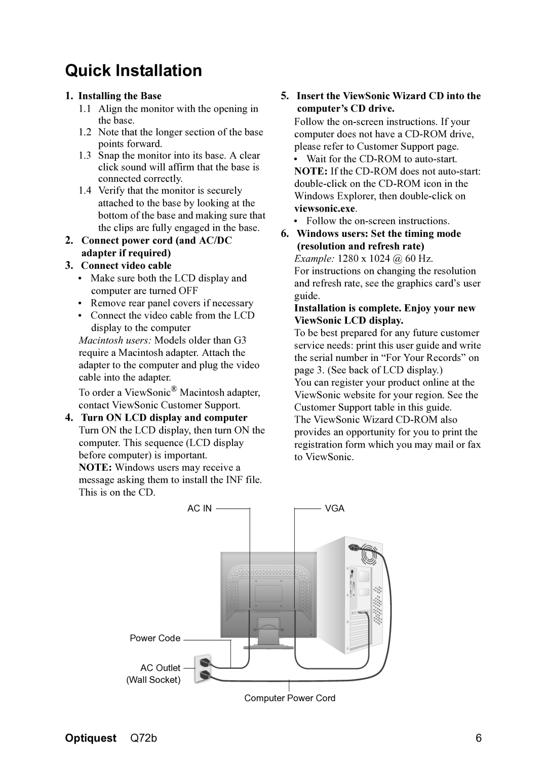 ViewSonic VS12087 warranty Quick Installation, Installing the Base 