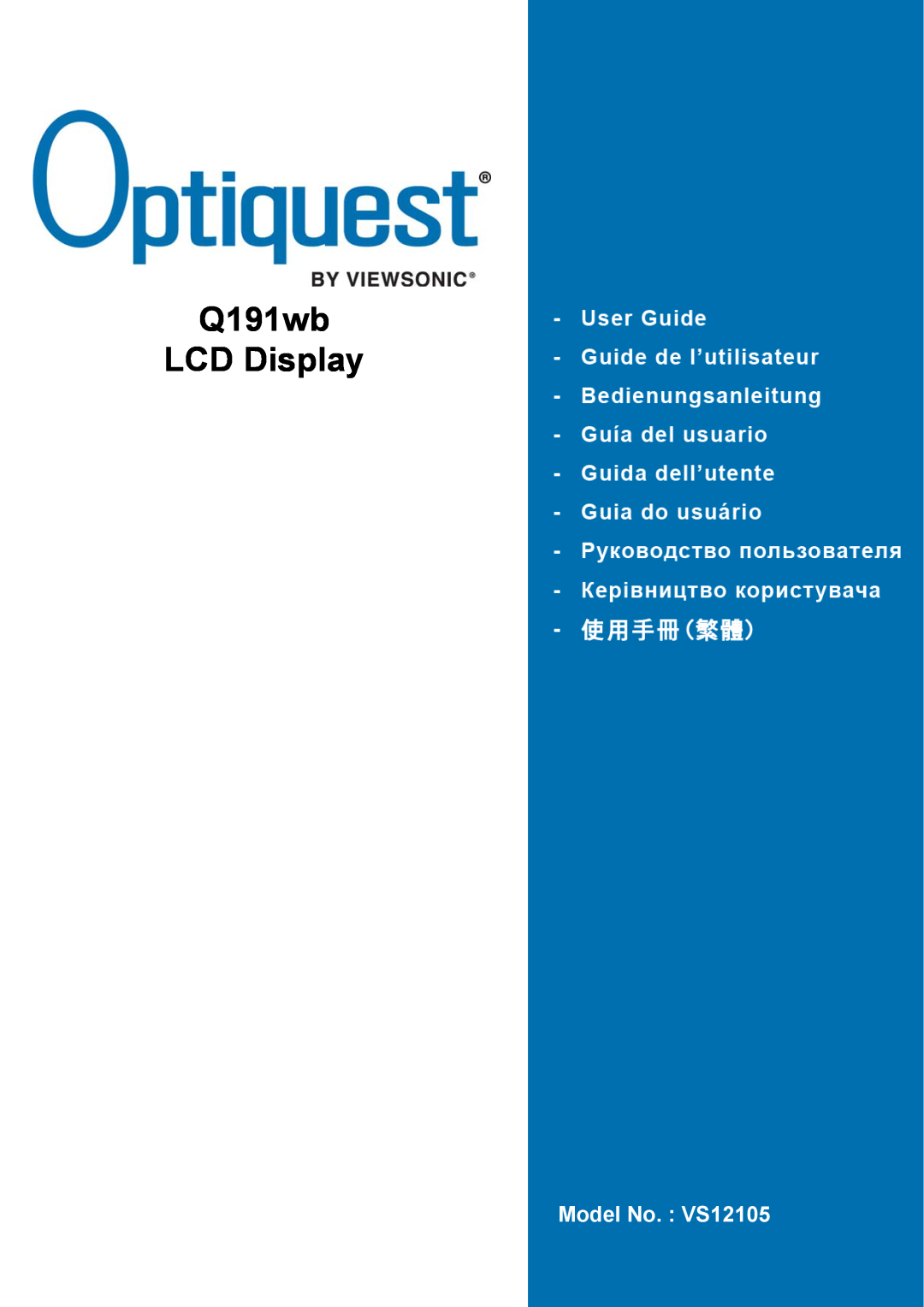 ViewSonic Q191WB manual Q191wb LCD Display, Model No. VS12105 