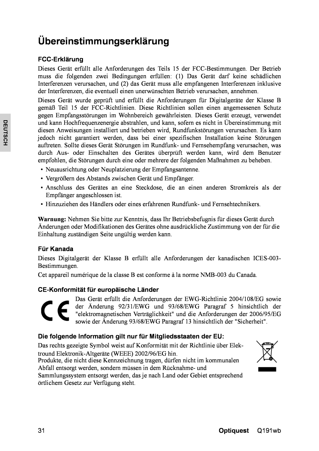 ViewSonic Q191WB, VS12105 manual Übereinstimmungserklärung, FCC-Erklärung, Für Kanada, CE-Konformitätfür europäische Länder 