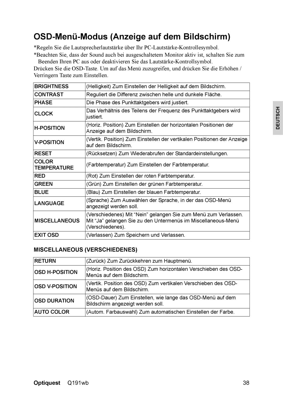 ViewSonic VS12105, Q191WB manual OSD-Menü-Modus Anzeige auf dem Bildschirm, Language 