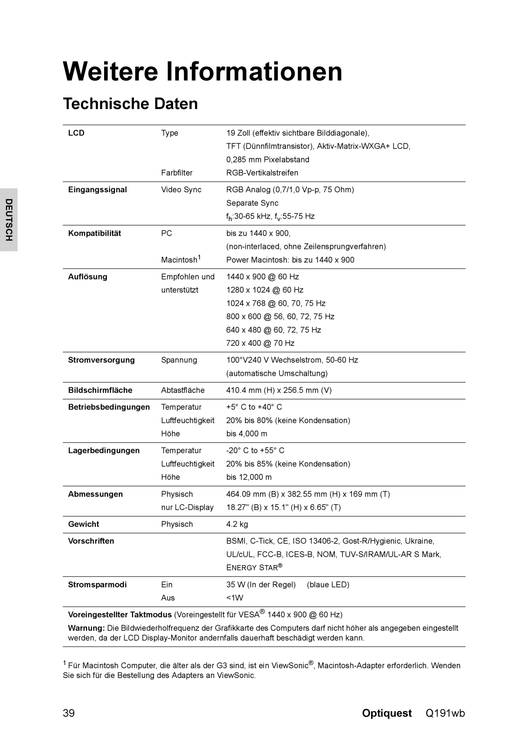 ViewSonic Q191WB, VS12105 manual Weitere Informationen, Technische Daten 